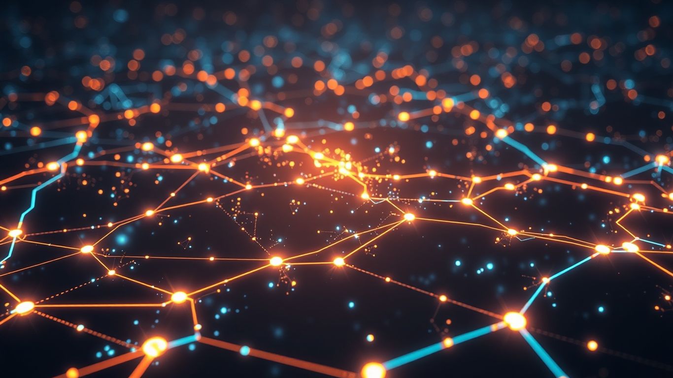 Digital pathways and interconnected nodes in a dark, futuristic landscape.
