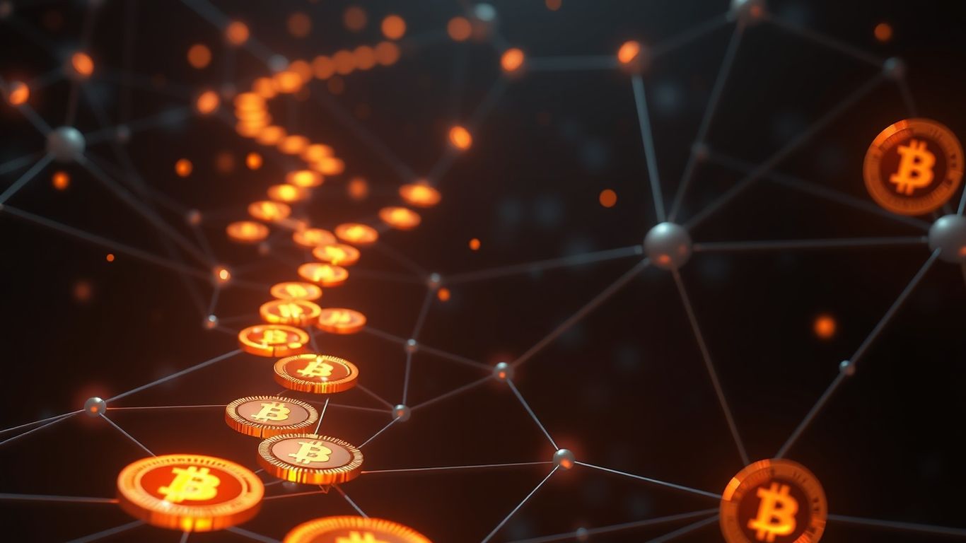 Digital cryptocurrency trail with glowing coins.
