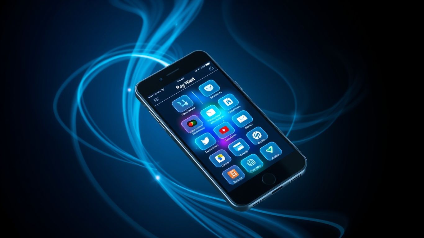 Digital wallet app on a smartphone with glowing payment icons.