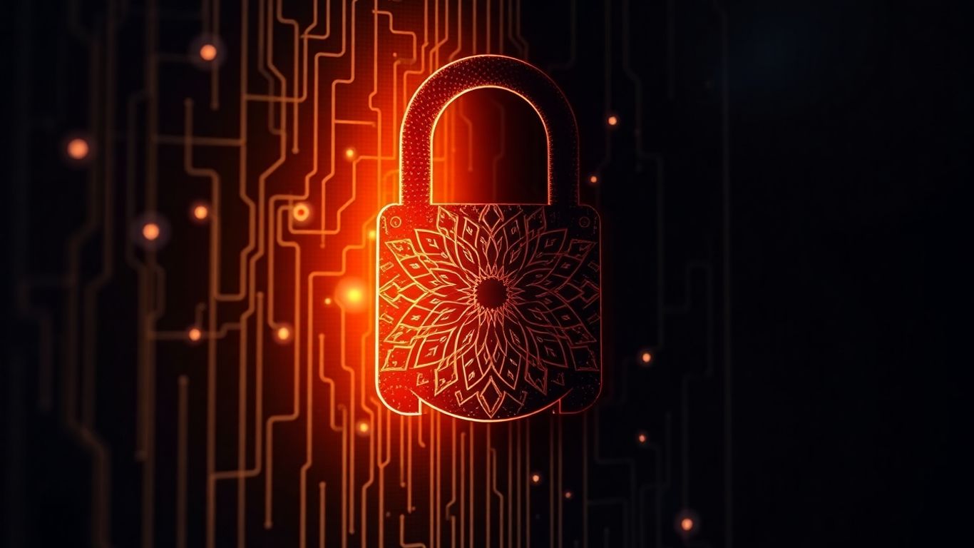 Digital lock with shadowy threat and glowing pattern.