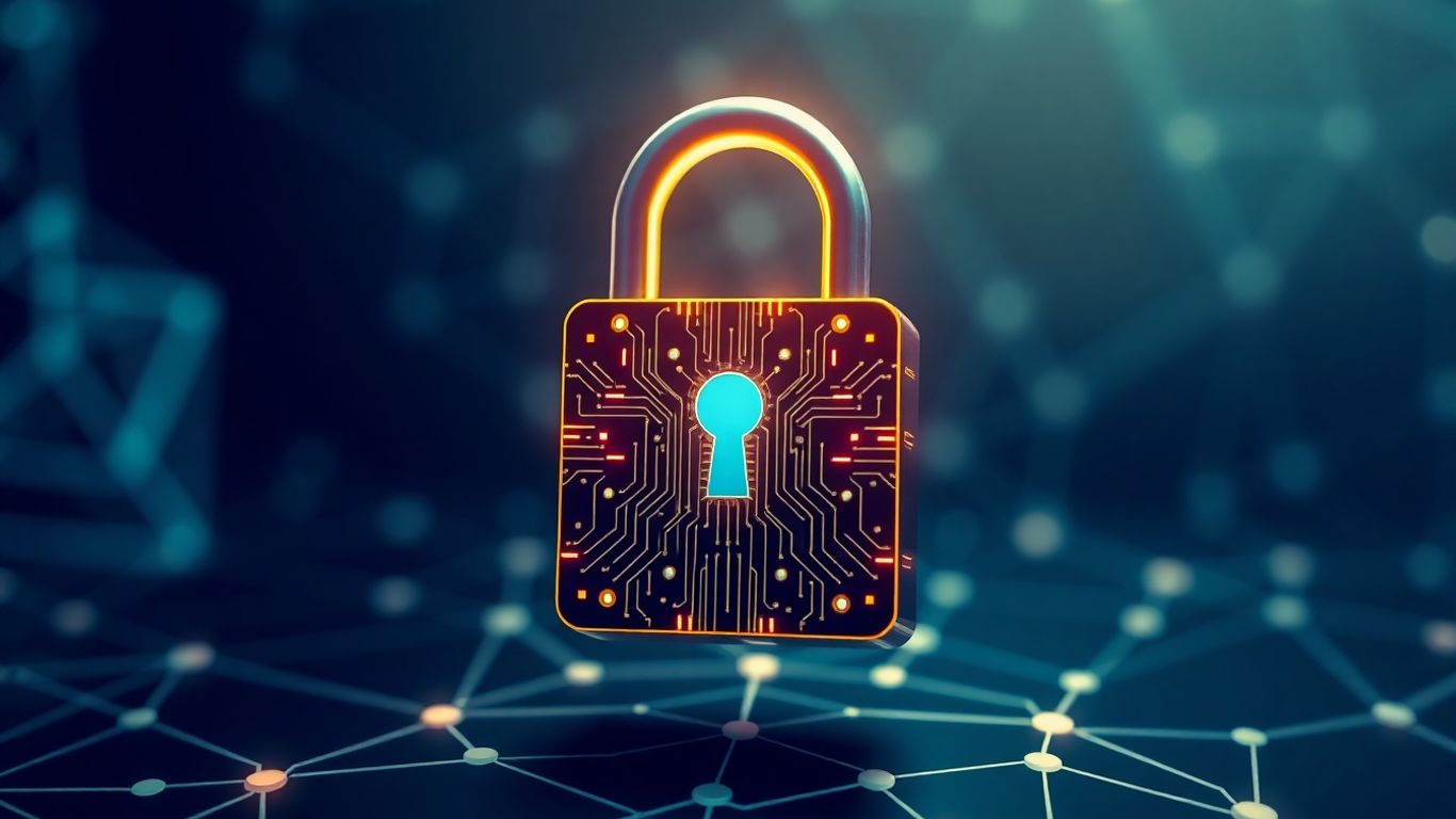 Digital padlock on a glowing blockchain network.