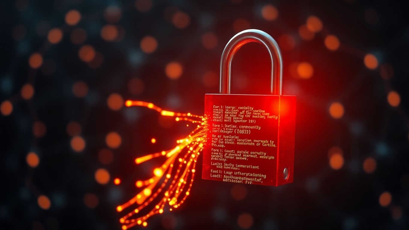 Cracked digital padlock with code spilling out, blockchain network background.