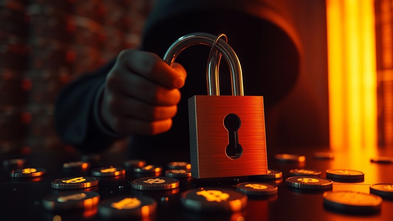 Digital lock broken, crypto symbols, shadowy figure, data streams.