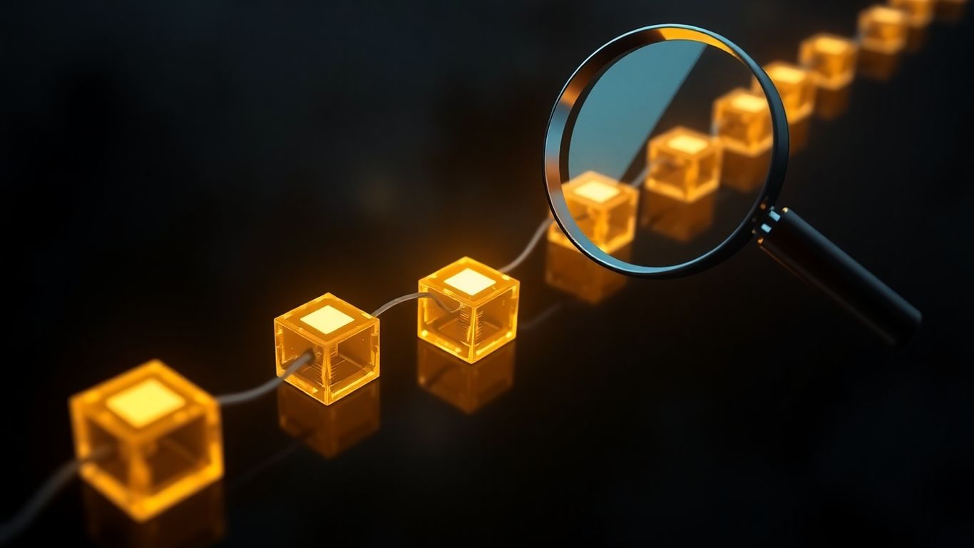 Blockchain chain with magnifying glass investigating activity.