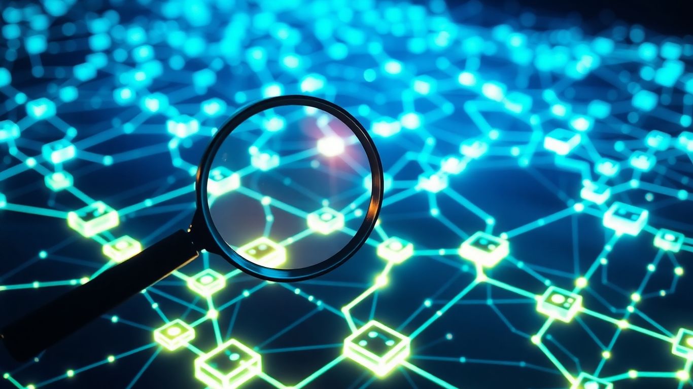 Blockchain network with a magnifying glass.