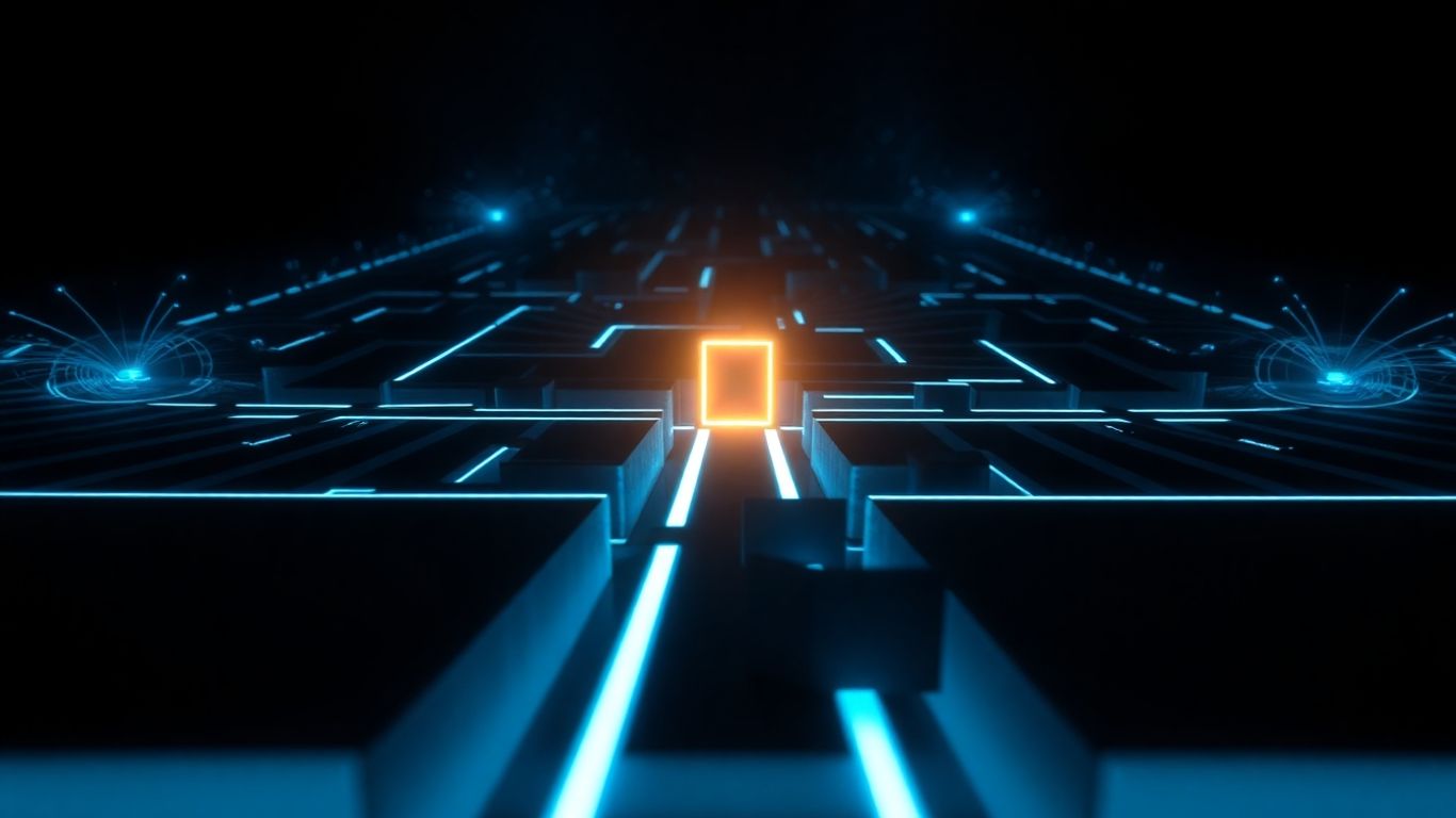 Digital maze with glowing pathways and a central trap.