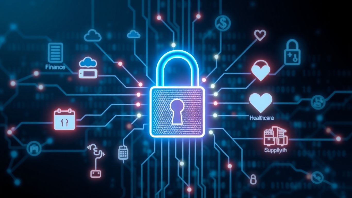 Digital padlock connecting to industry icons, smart contract concept.