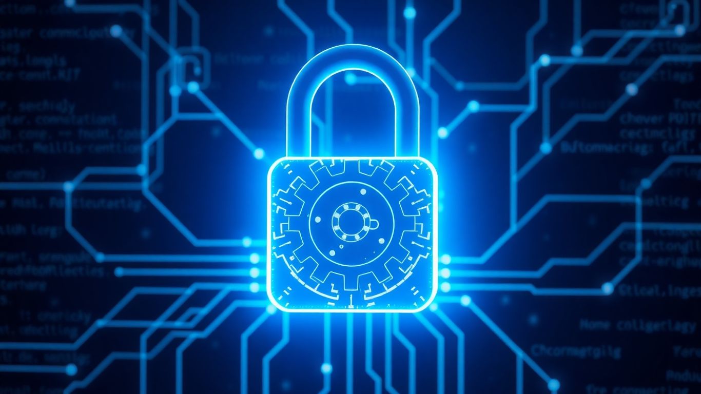 Digital padlock and code blocks illustrating smart contract functionality.