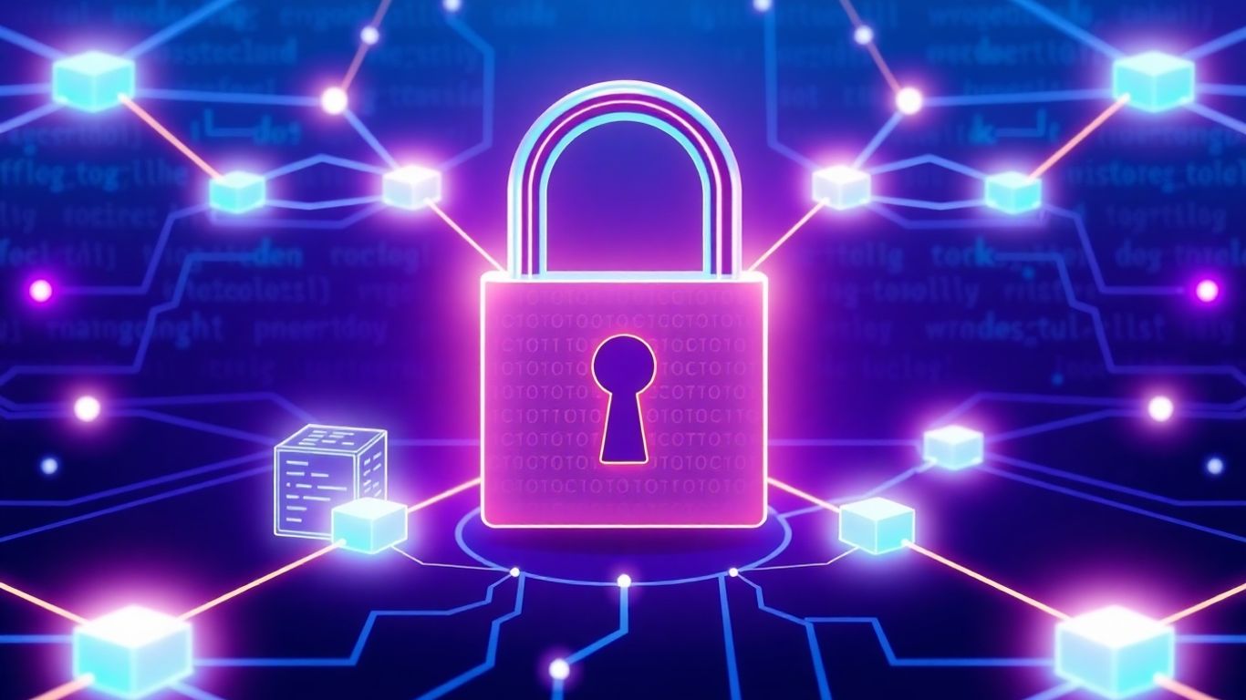 Digital padlock securing blockchain code.