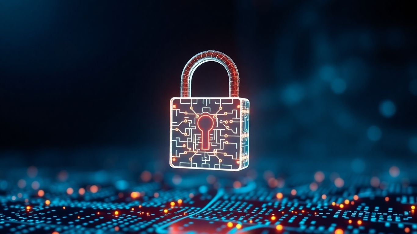 Secure blockchain padlock over glowing code network.