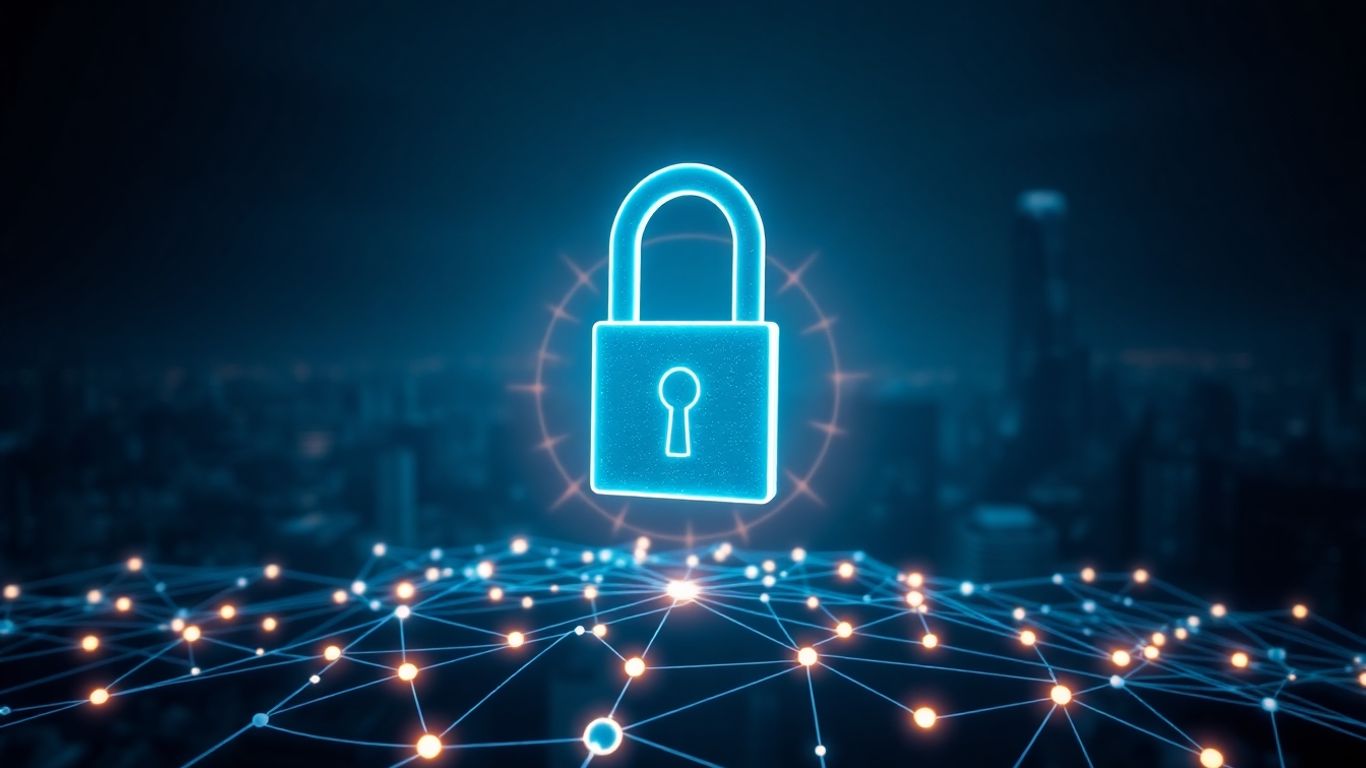 Secure blockchain network with digital padlock and futuristic cityscape.