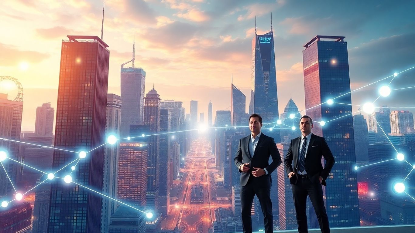 Blockchain and audit professionals in a futuristic financial world.