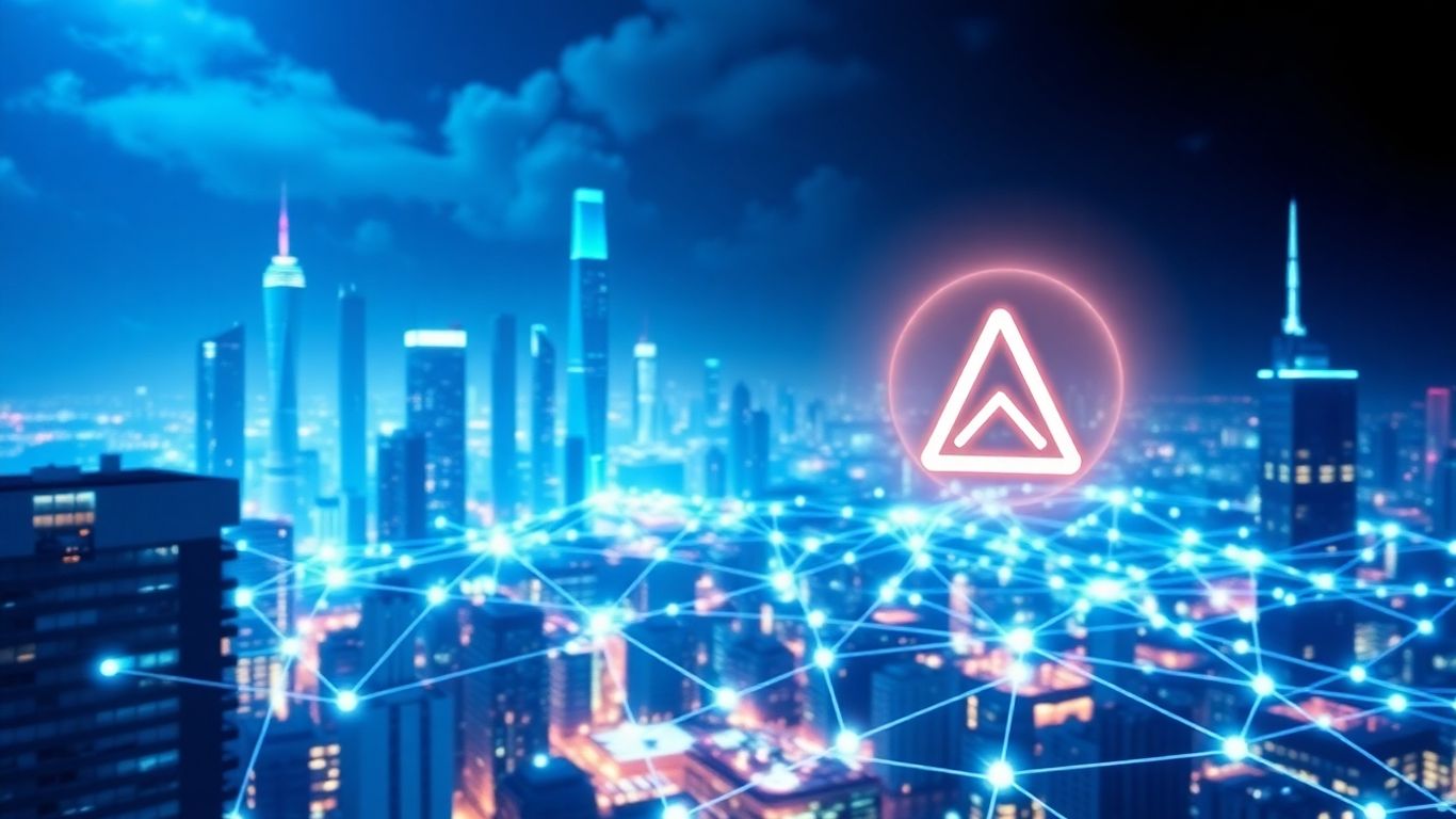 Blockchain network in a futuristic cityscape with audit icon.