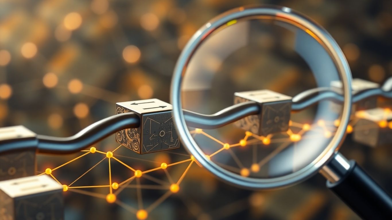 Blockchain network with magnifying glass over secure transactions.