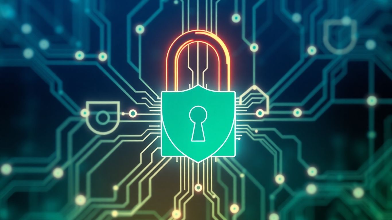 Digital padlock securing a blockchain network with shield elements.