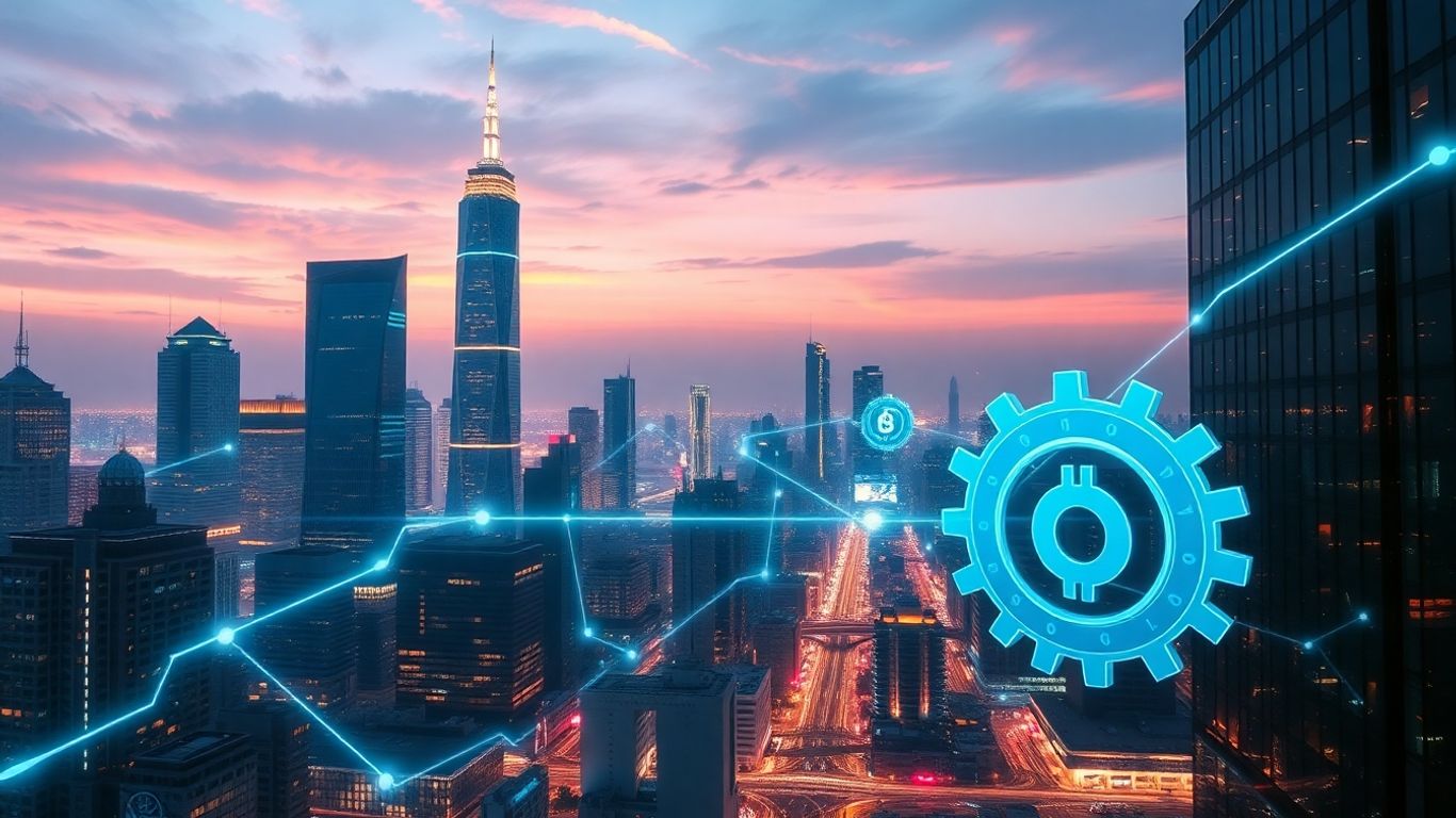 Blockchain and audit intertwined in a futuristic financial city.
