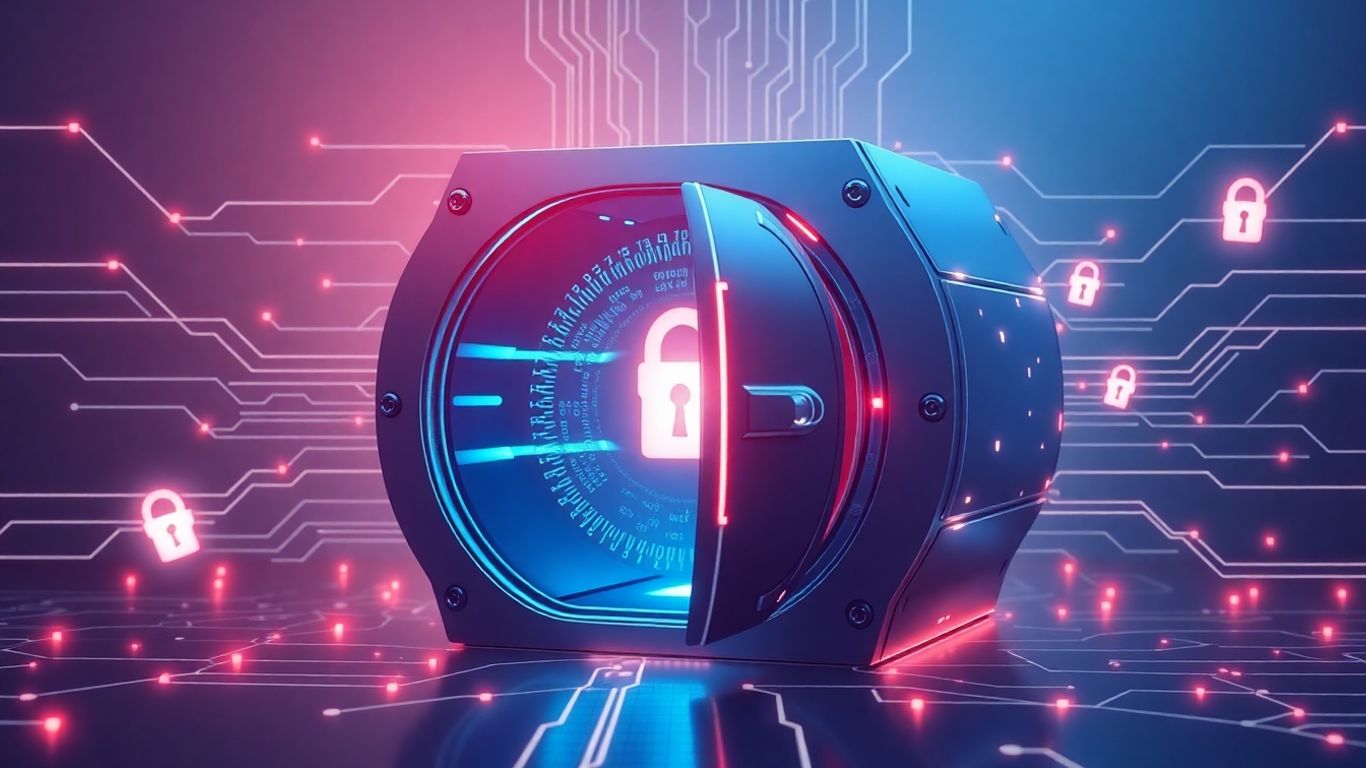 Futuristic digital vault with glowing code and key fragments.