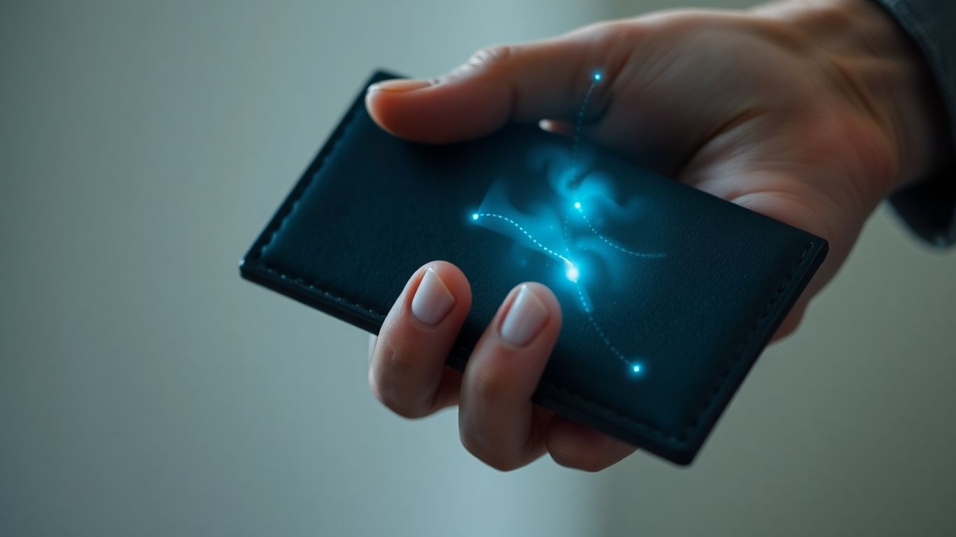 Hand holding wallet with a digital tracking trail.