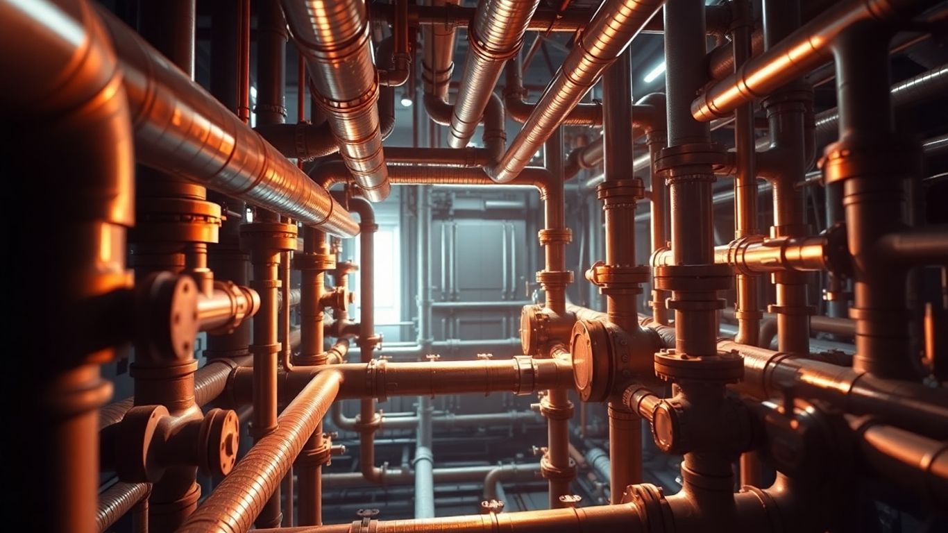 Industrial pipes and valves with dramatic lighting.