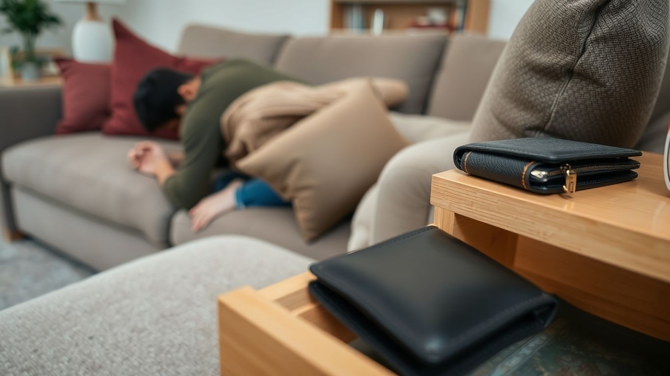 Searching for a lost wallet at home.