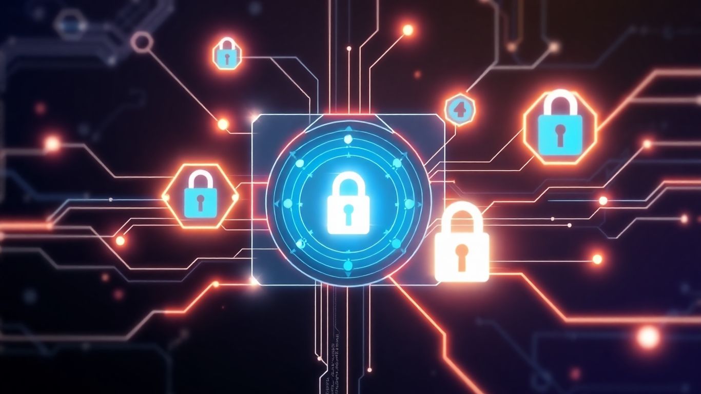 Futuristic digital wallet with security icons and abstract code.