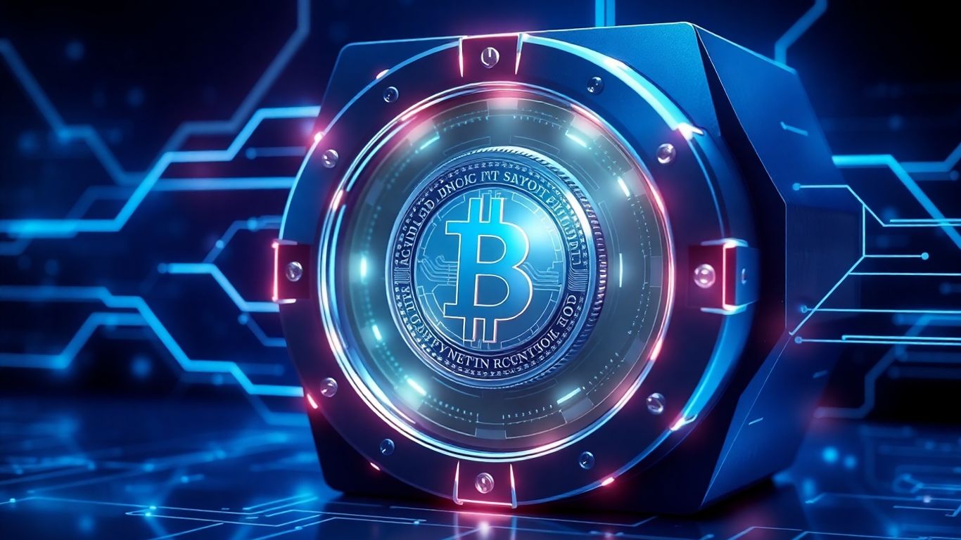 Futuristic digital vault securing cryptocurrency coin.