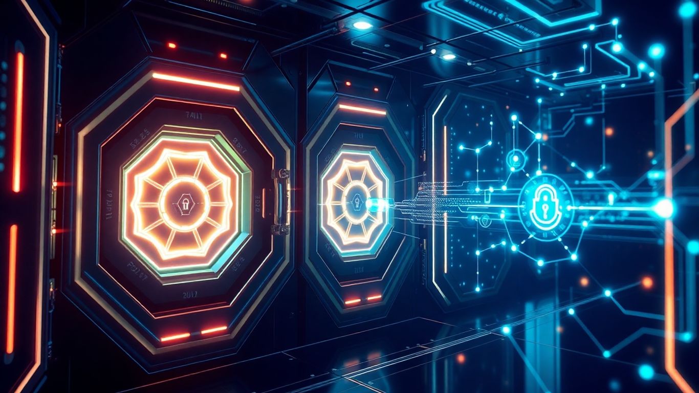 Futuristic digital vault with glowing geometric shapes and light trails.