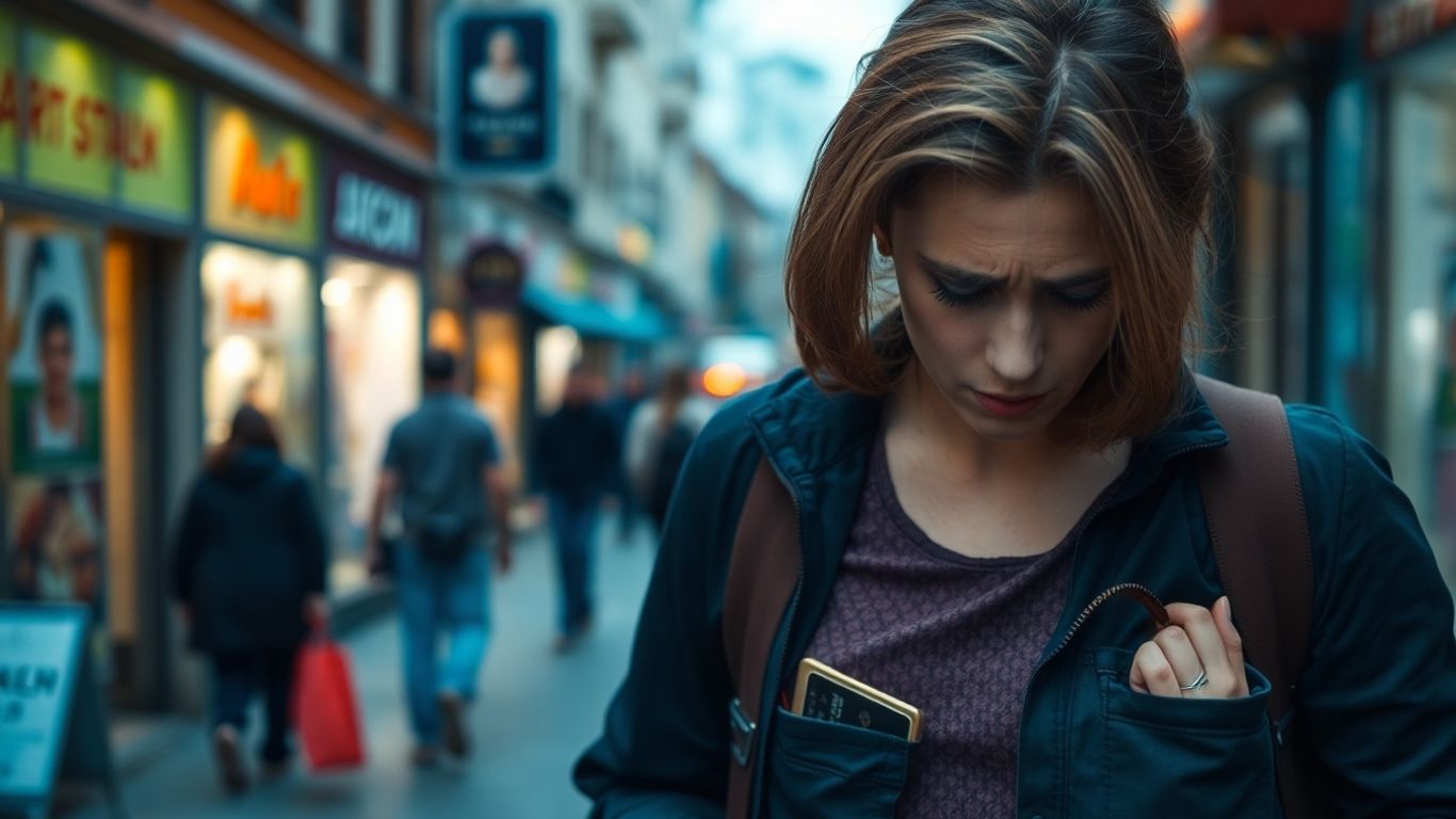 Person searching pockets, lost wallet in a city.