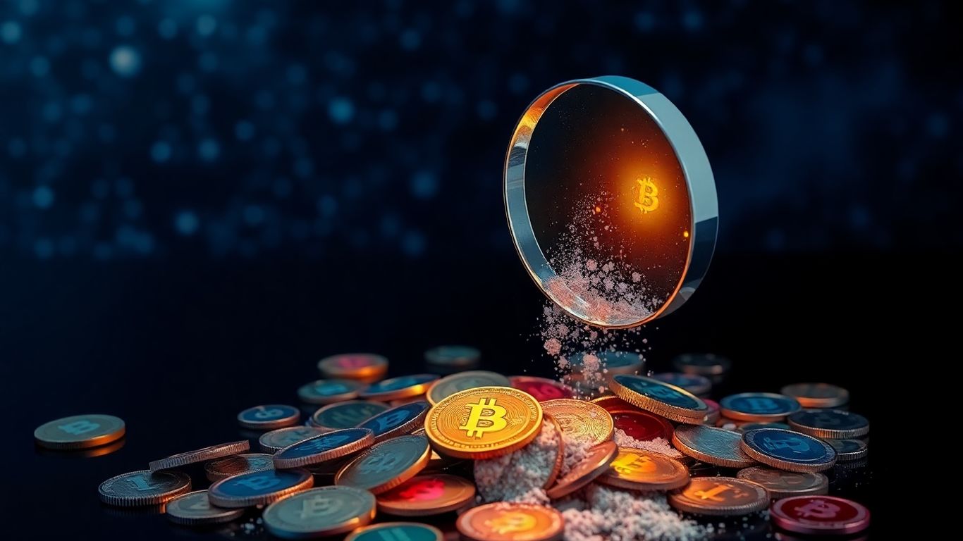 Magnifying glass over crypto coins, some dissolving.