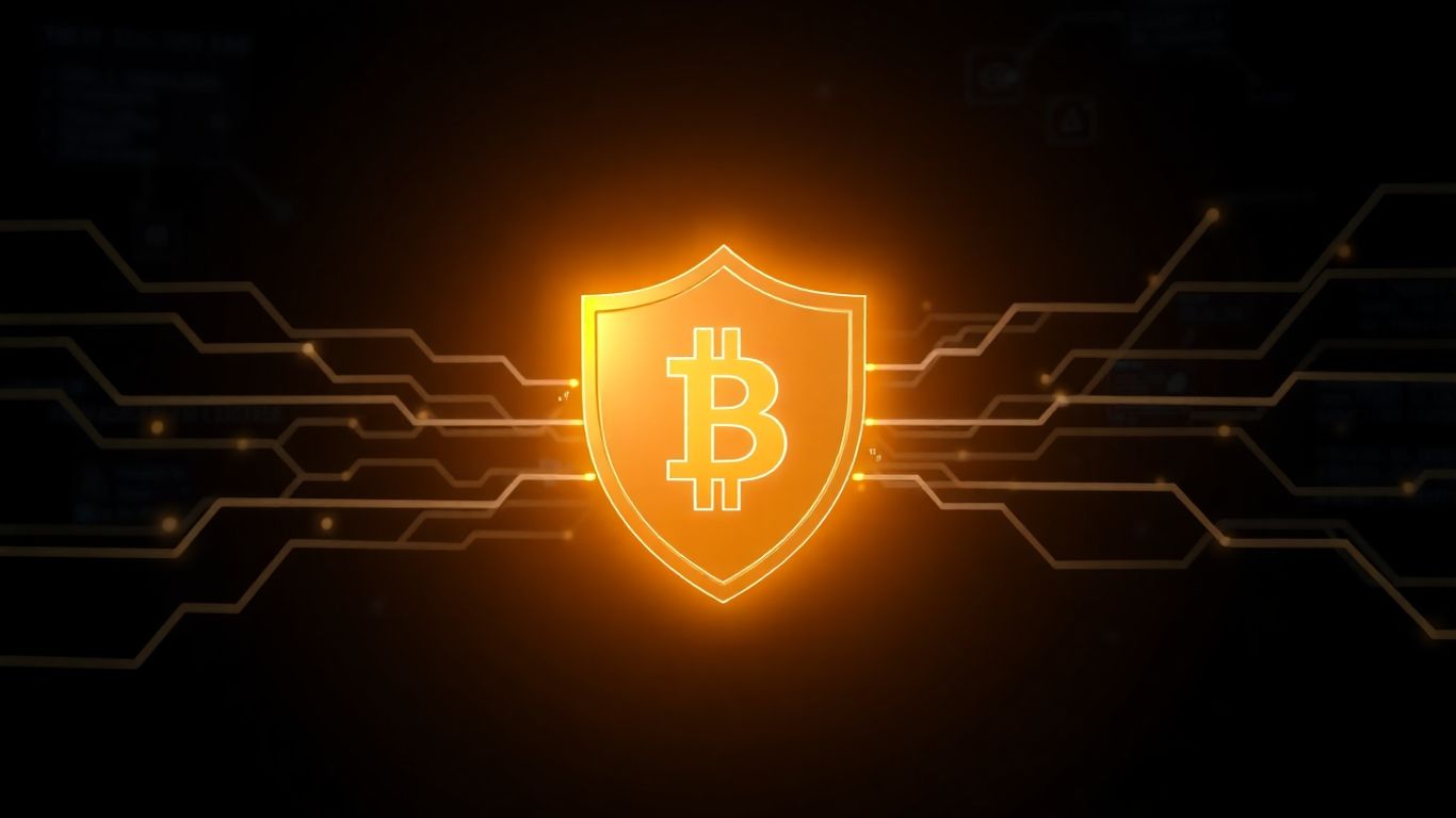 Digital shield protecting a cryptocurrency coin.