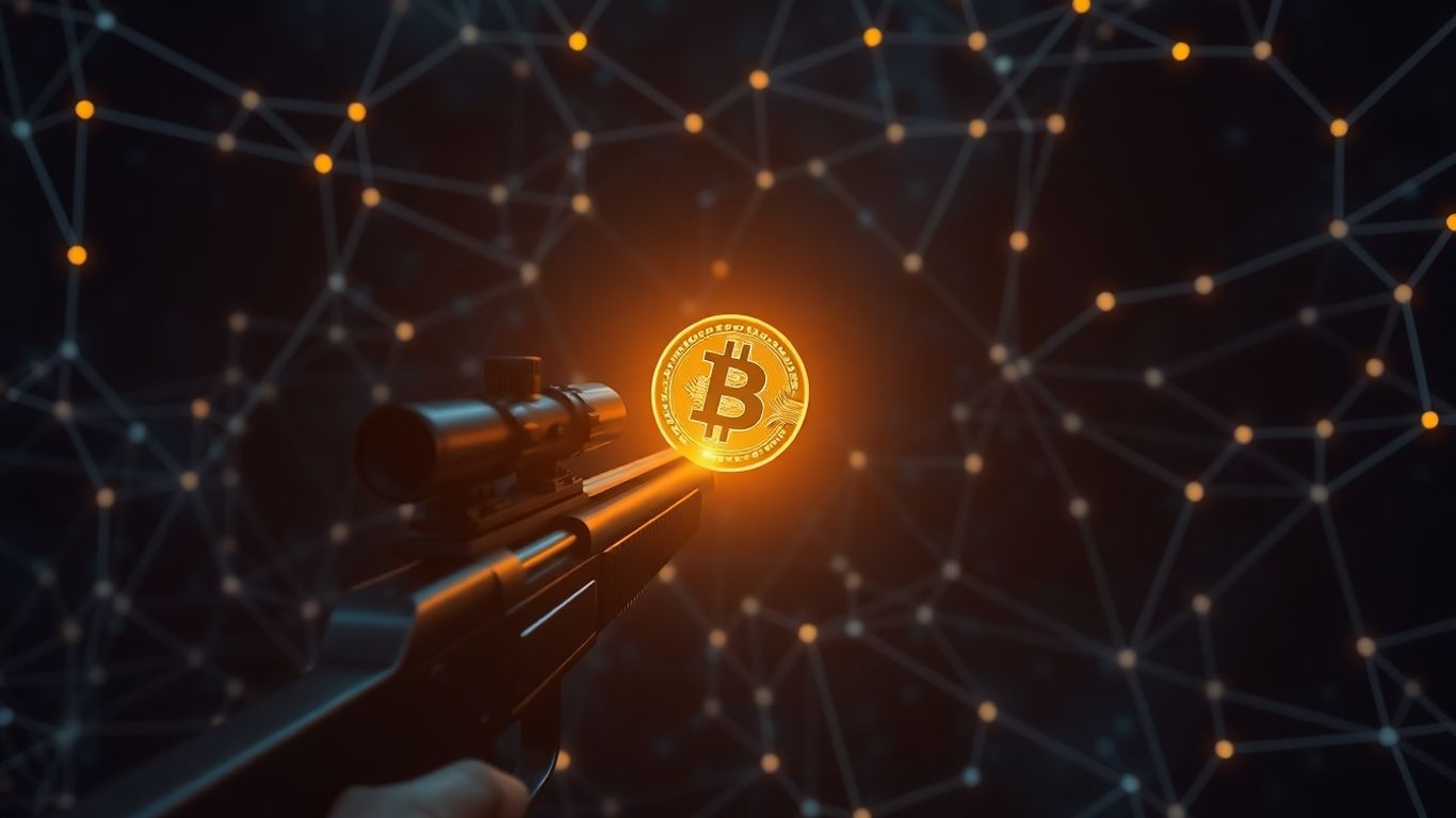 Sniper rifle aiming at a glowing crypto coin.