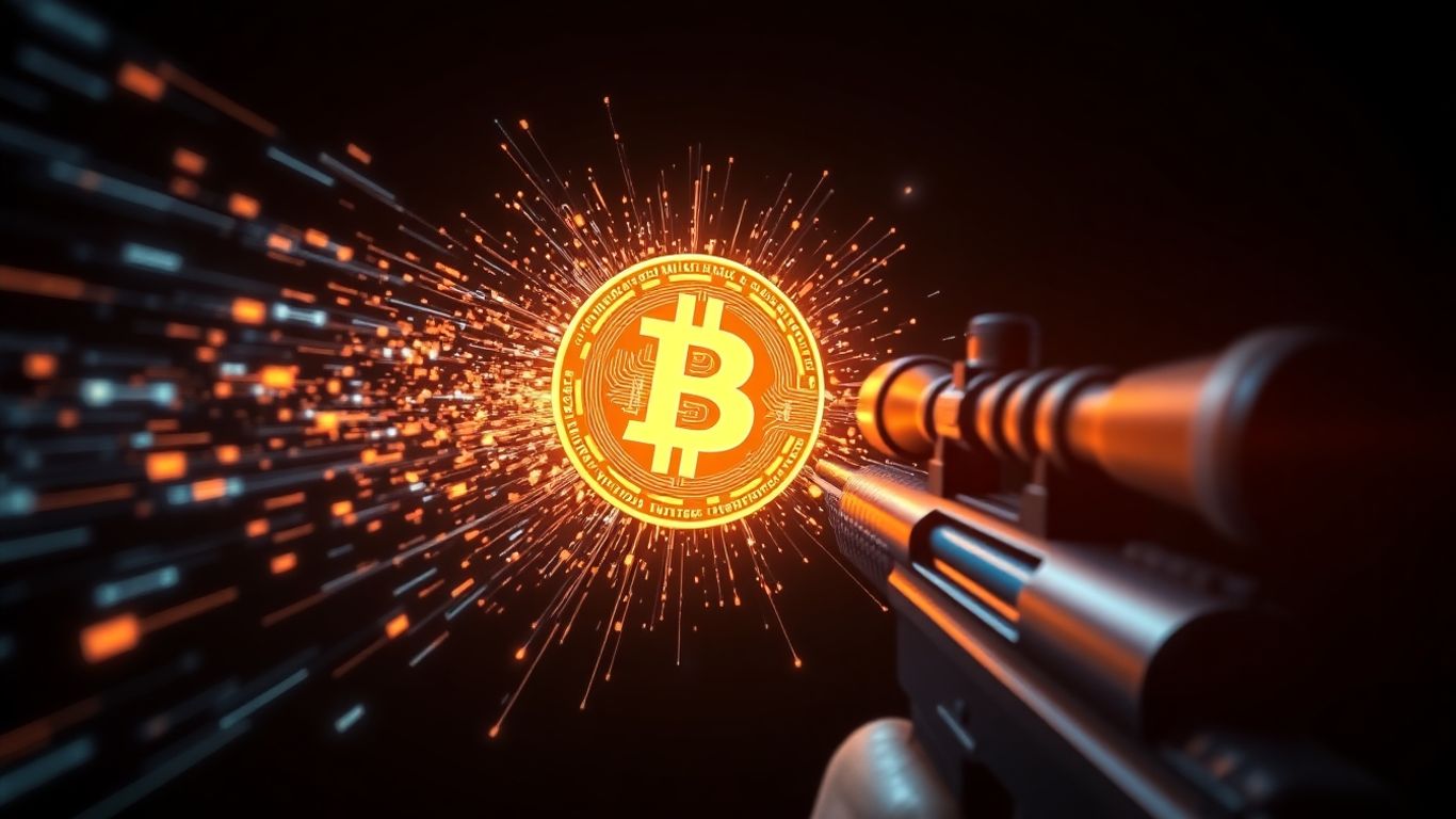 Sniper rifle targeting a cryptocurrency coin.