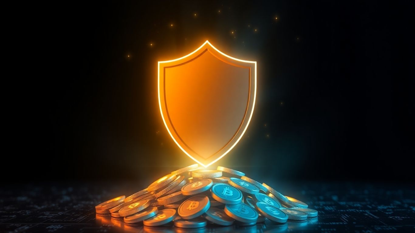 Digital shield protecting cryptocurrency from threats.