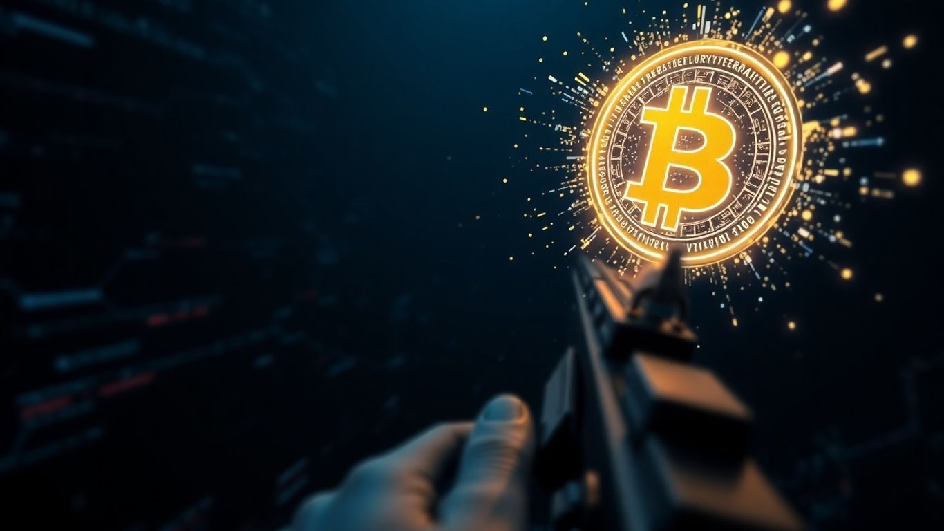 Sniper rifle targeting a cryptocurrency coin.