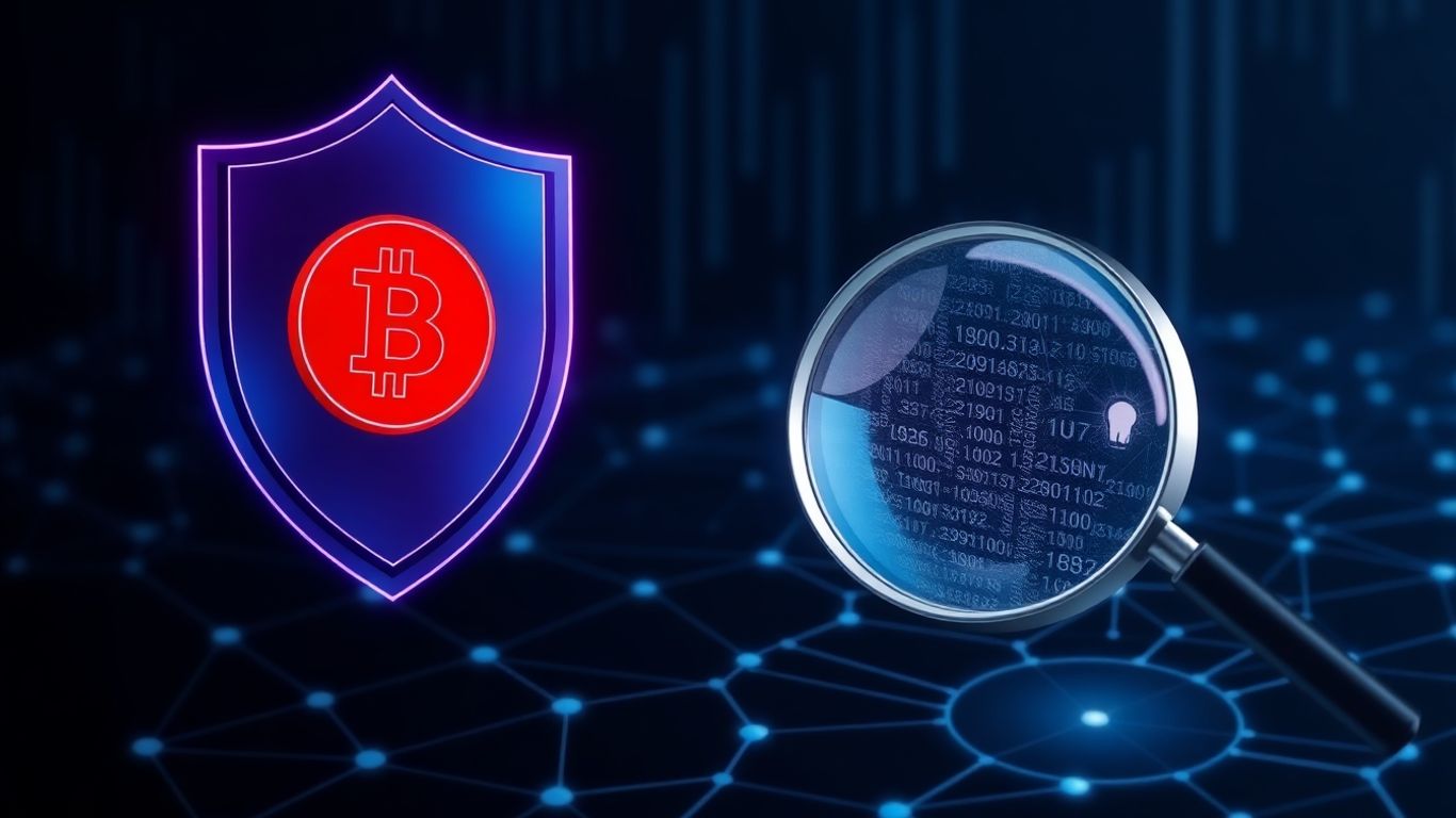 Crypto shield protecting against falling red coins.