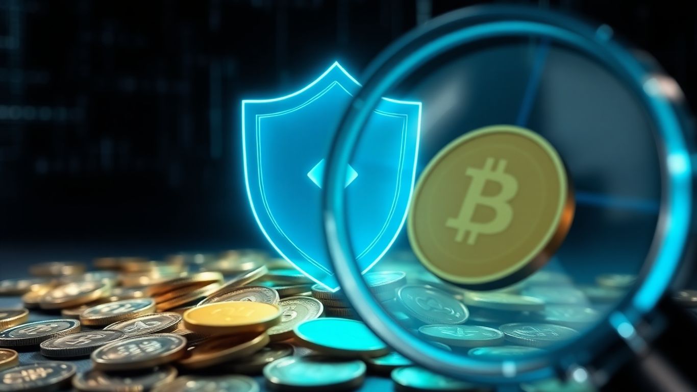 Crypto shield protecting coins from danger.