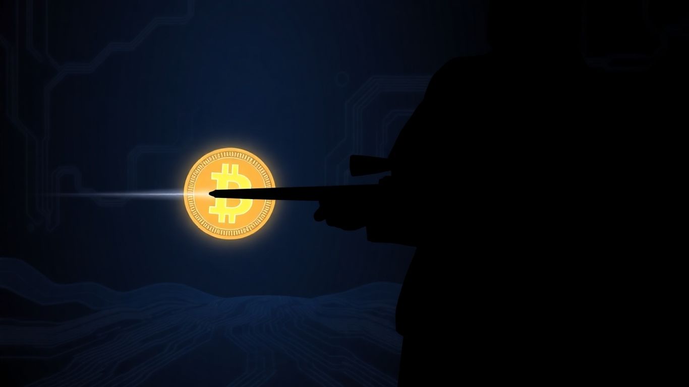 Crypto sniper rifle aiming at glowing coin