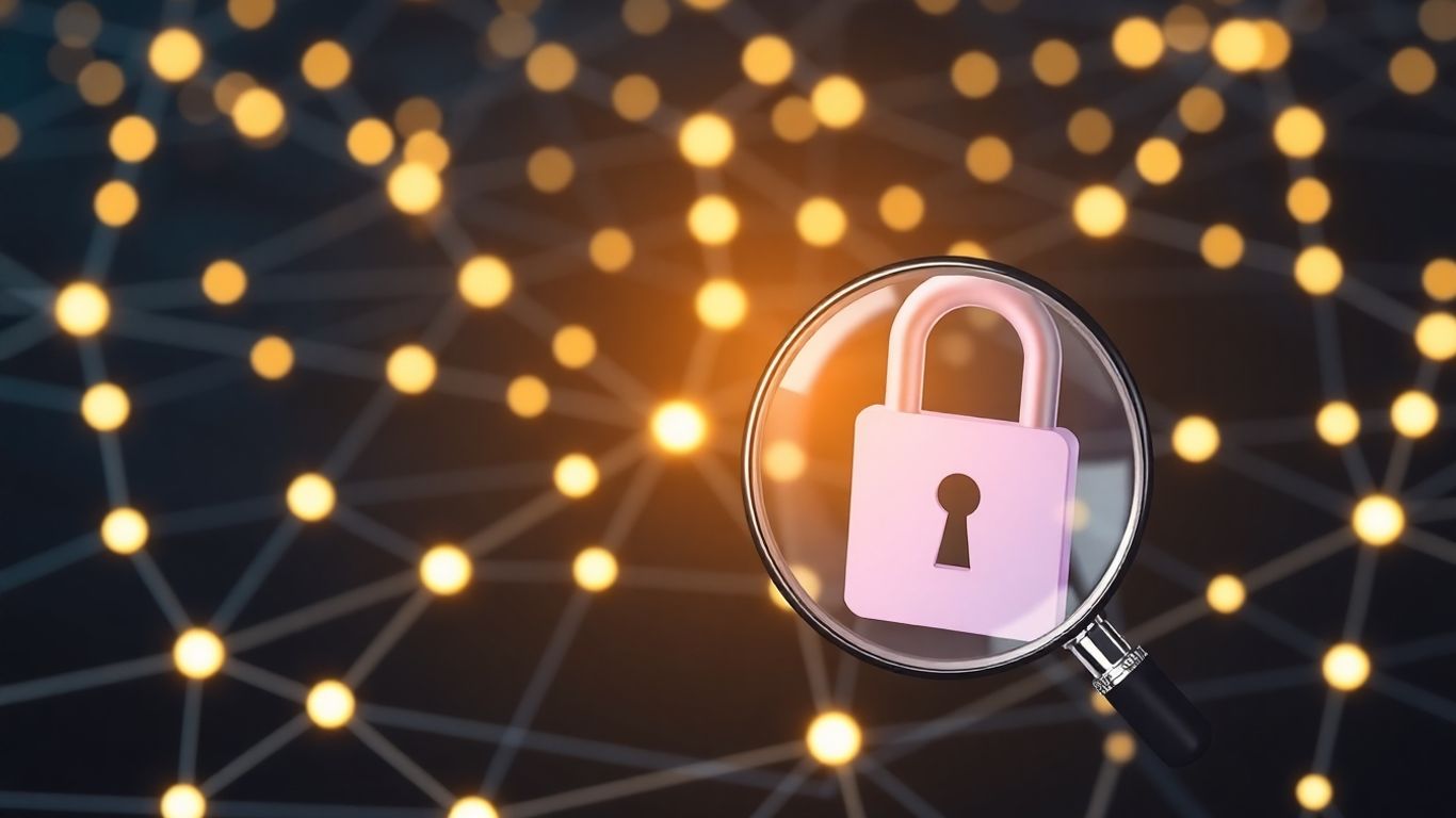 Blockchain padlock with magnifying glass over a node.