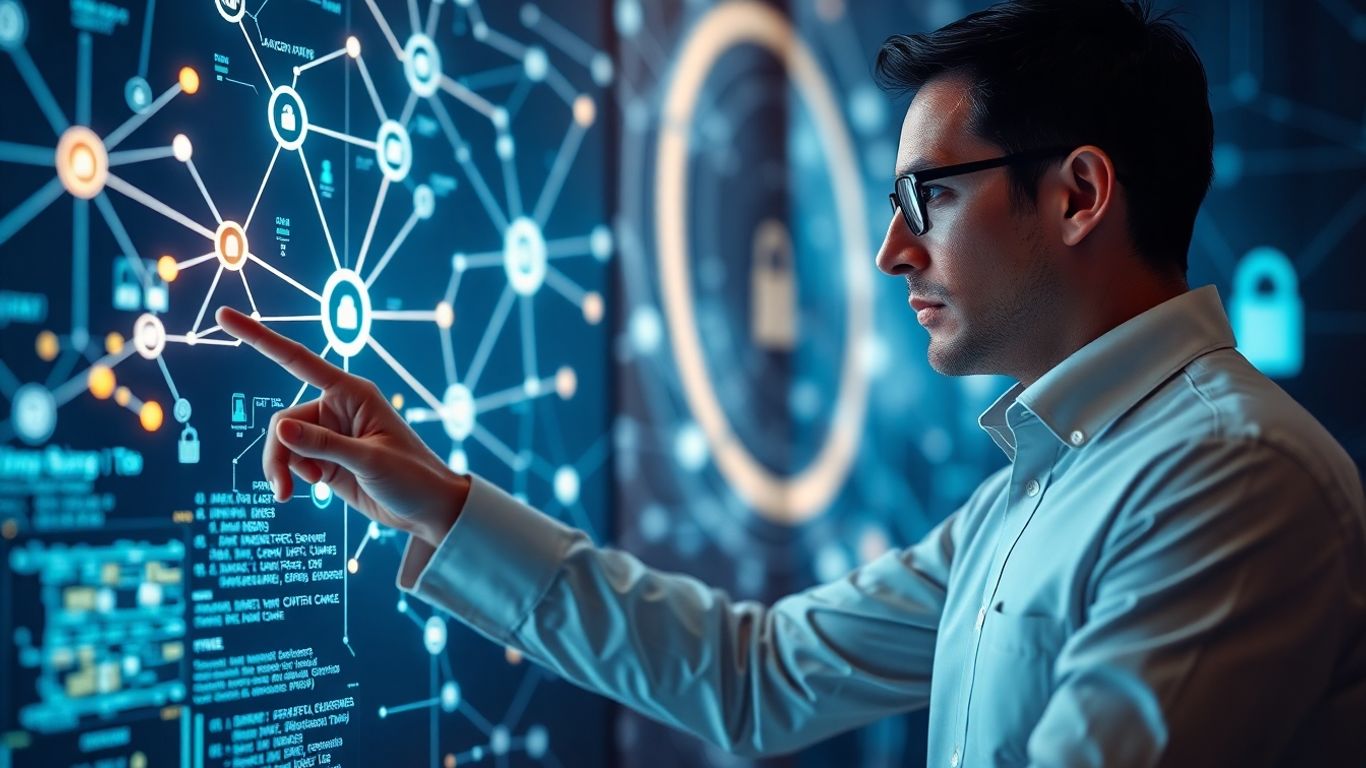 Security auditor analyzing digital network data.