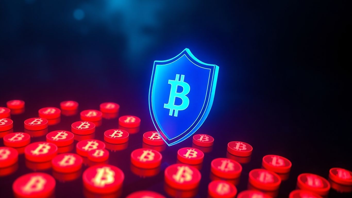 Digital shield protecting cryptocurrency from threats.