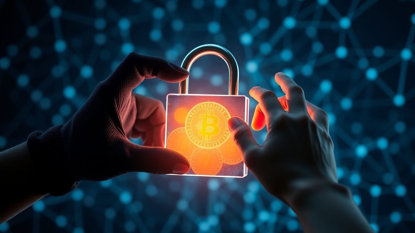 Digital lock opening to reveal crypto coins, hands reaching.