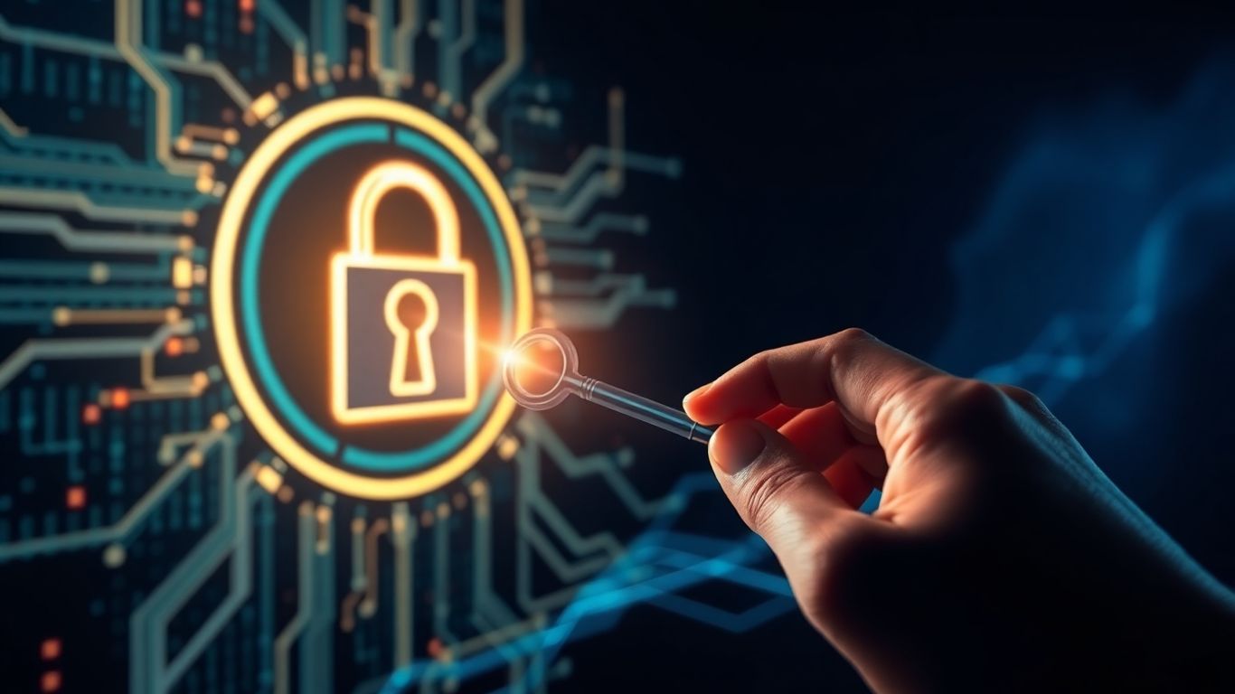 Digital lock with key, abstract code, futuristic background.