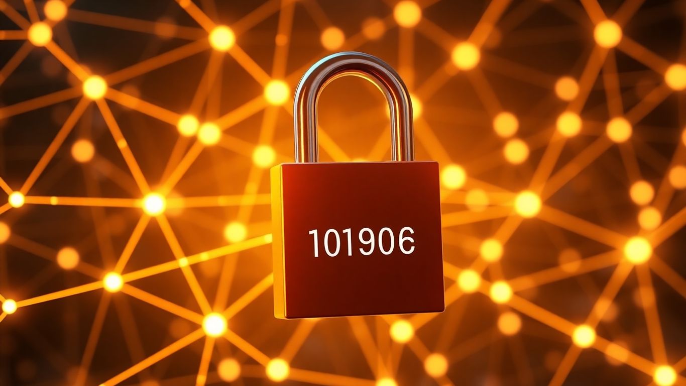 Digital padlock on a blockchain network with a code.