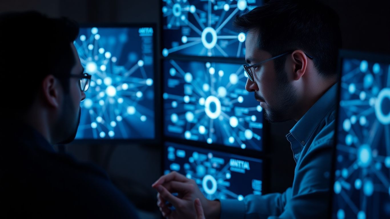 Security auditor analyzing digital network data on screens.