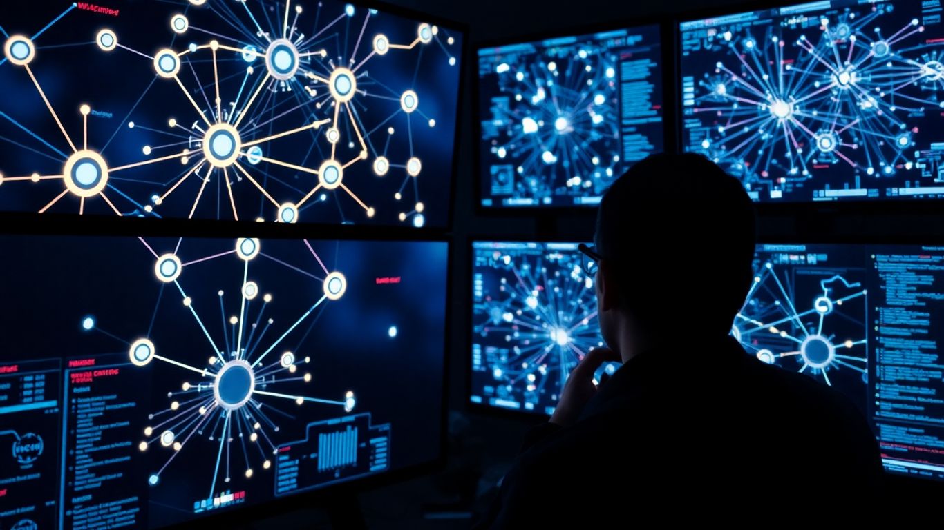 Security auditor analyzing digital network data on screens.
