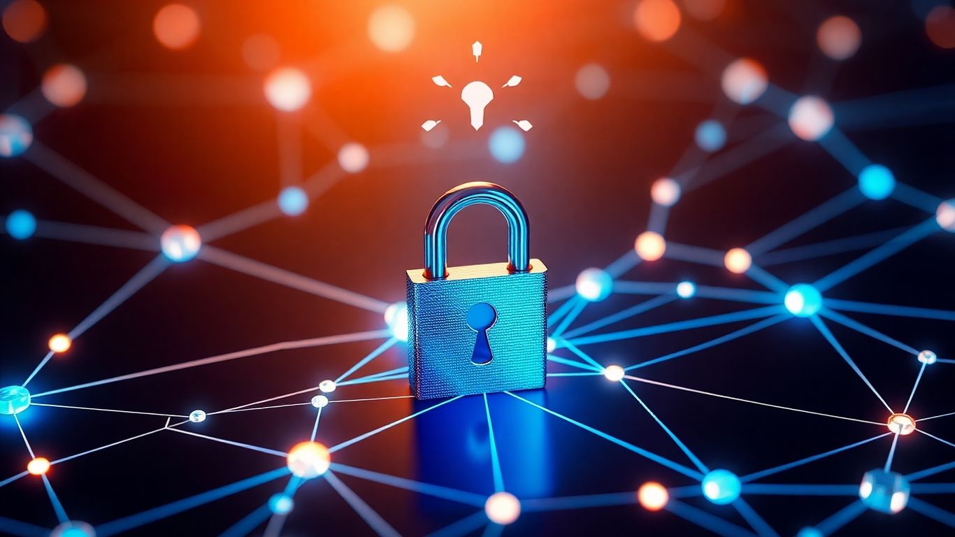 Digital padlock on blockchain network with contract icon.