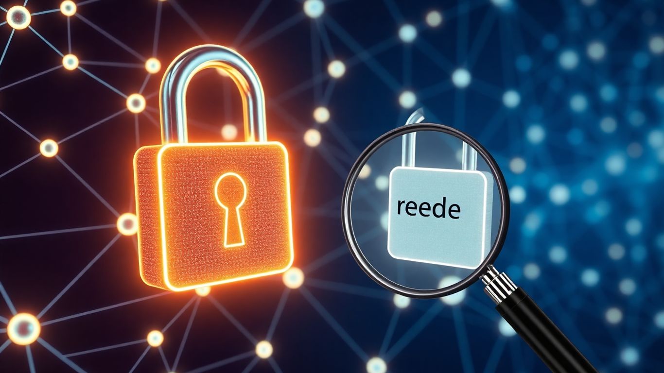 Blockchain padlock with magnifying glass on contract address
