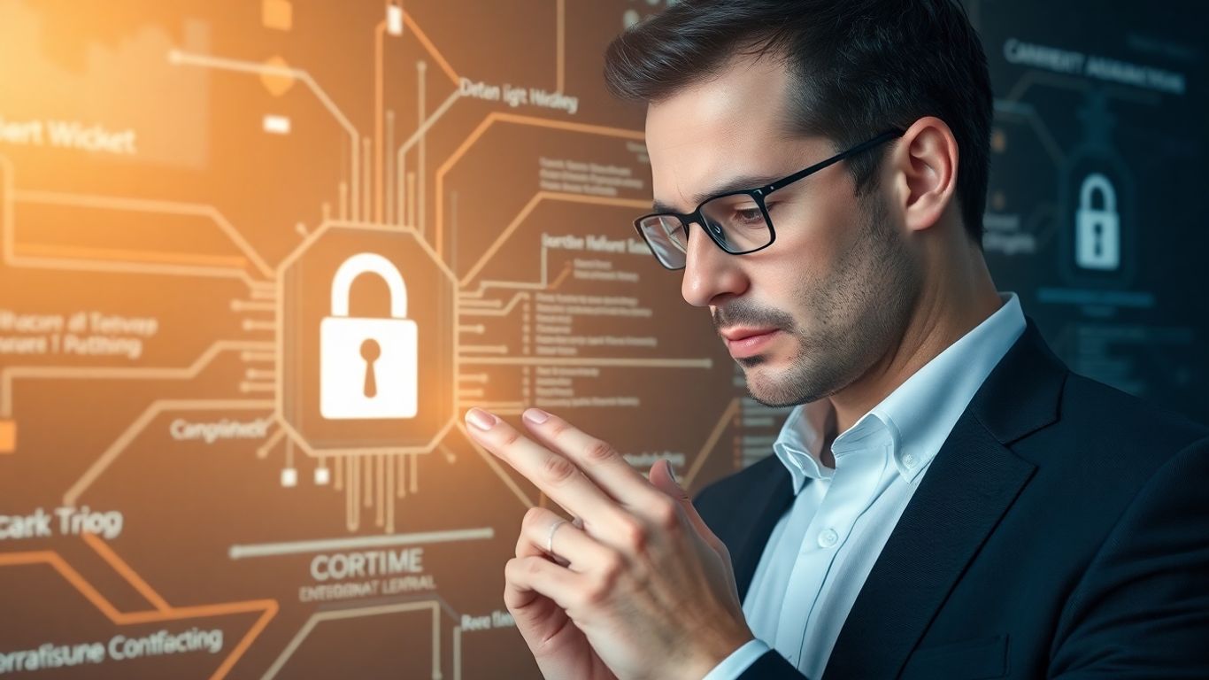 Security auditor reviewing digital data and security protocols.