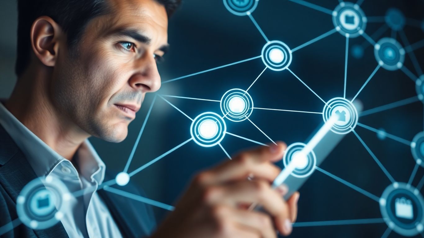 Security auditor analyzing a digital network on a holographic display.