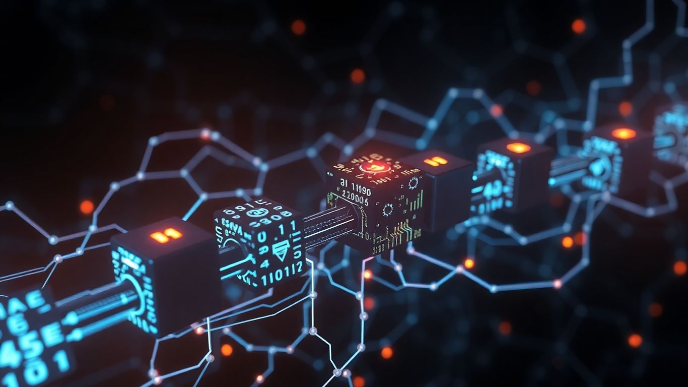 Blockchain network with highlighted vulnerabilities and data streams.